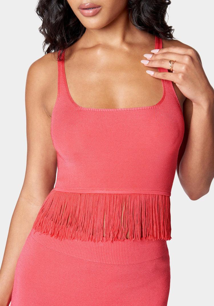 Bebe Fringe Hem Scoop Neck Sweater Top & Fringe Hem Sweater Mini Skirt