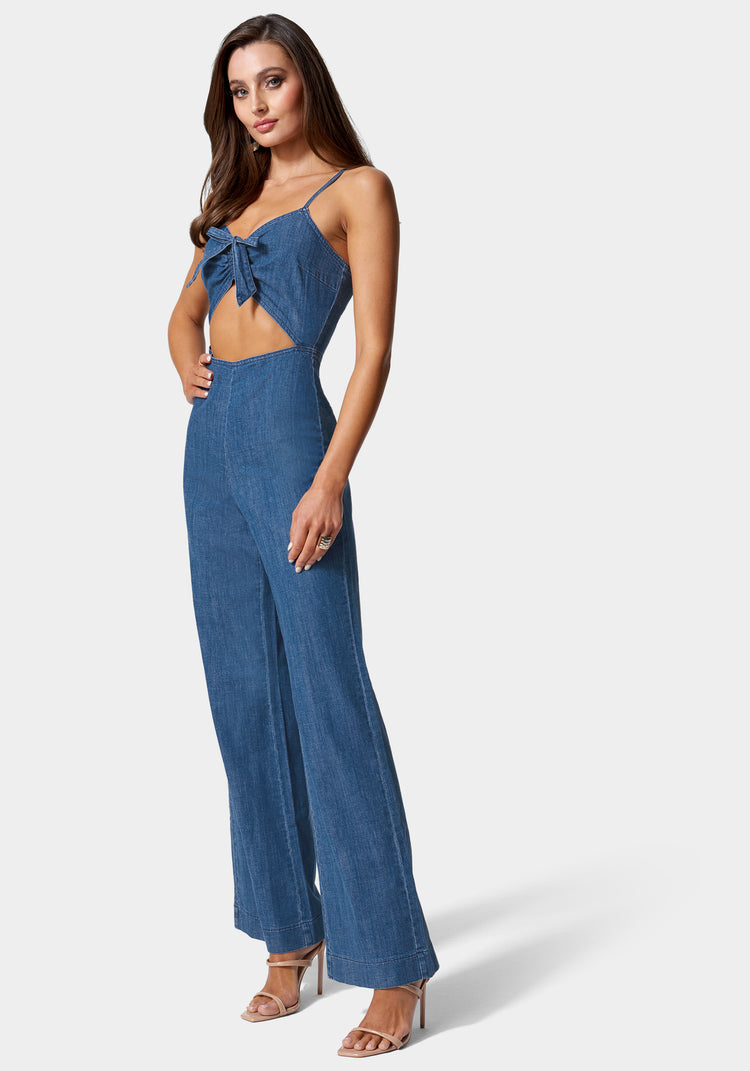 Bebe Front Ruched Cut Out Wide Leg Lightweight Denim Jumpsuit