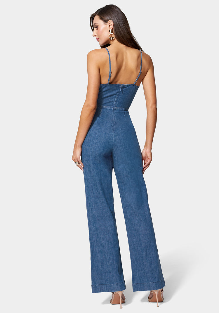 Bebe Front Ruched Cut Out Wide Leg Lightweight Denim Jumpsuit