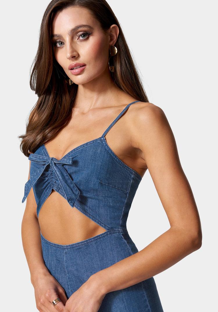 Bebe Front Ruched Cut Out Wide Leg Lightweight Denim Jumpsuit