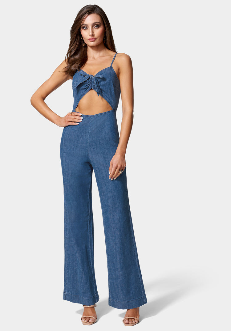 bebe Front Ruched Cut Out Wide Leg Lightweight Denim Jumpsuit