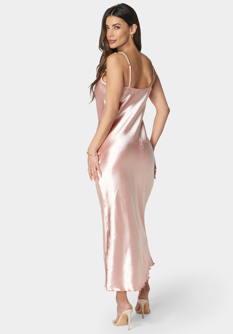 Bebe Hammered Satin Cowl Neck Pearl Strap Maxi Dress