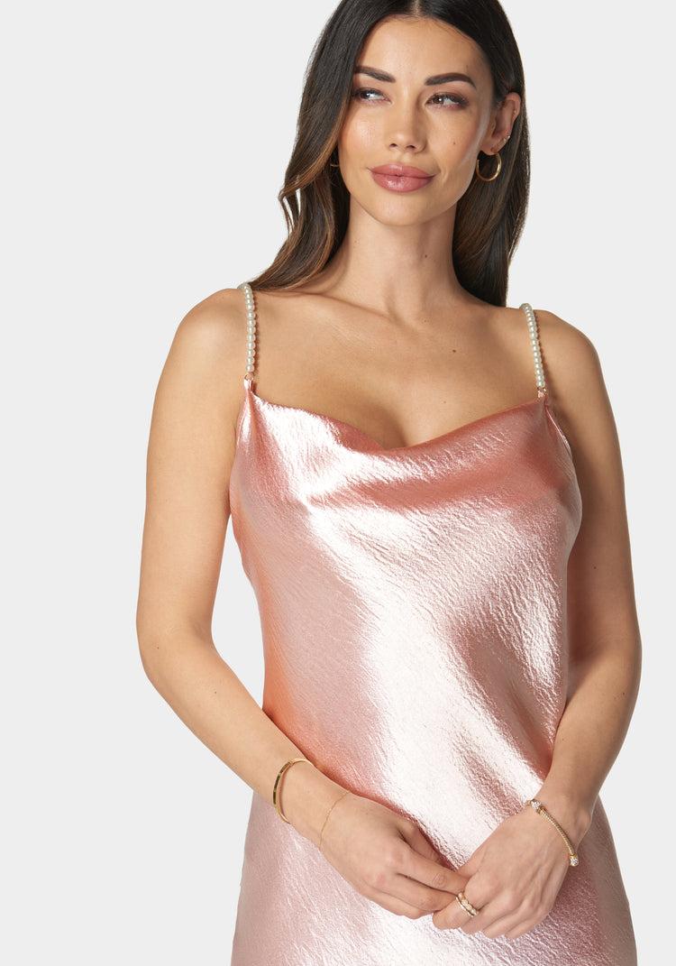 Bebe Hammered Satin Cowl Neck Pearl Strap Maxi Dress
