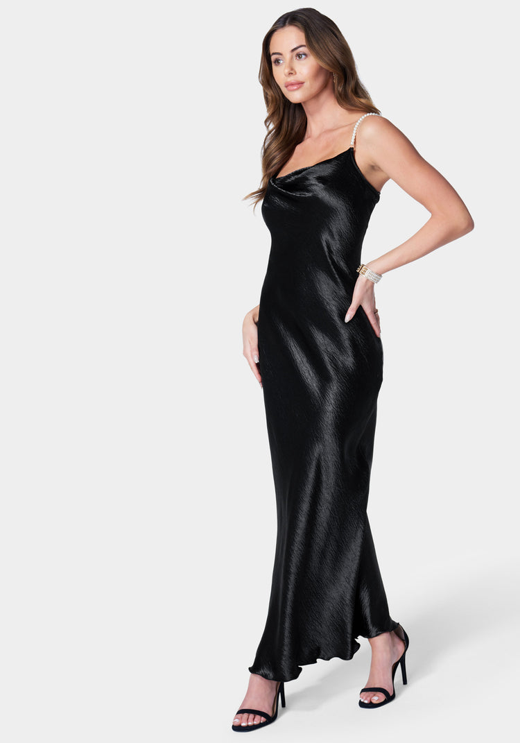 Bebe Hammered Satin Cowl Neck Pearl Strap Maxi Dress