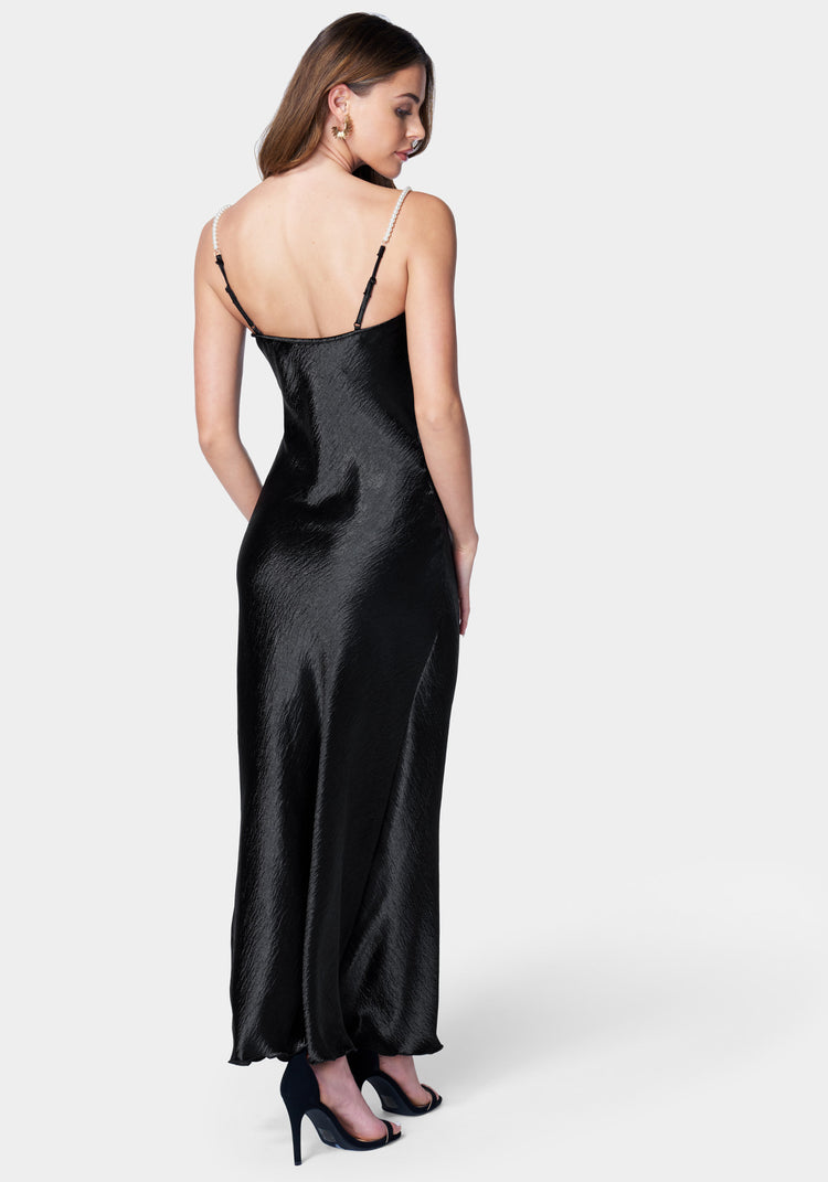 Bebe Hammered Satin Cowl Neck Pearl Strap Maxi Dress