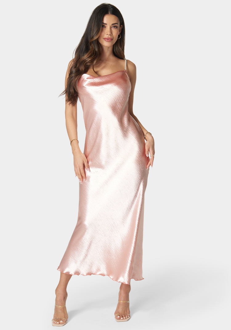 bebe Hammered Satin Cowl Neck Pearl Strap Maxi Dress