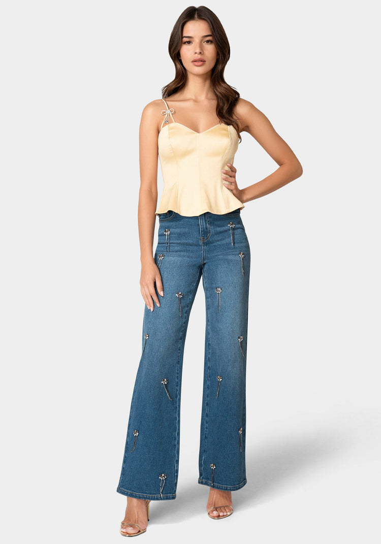 Bebe High Waist Clustered Rhinestone Wide Leg Jeans