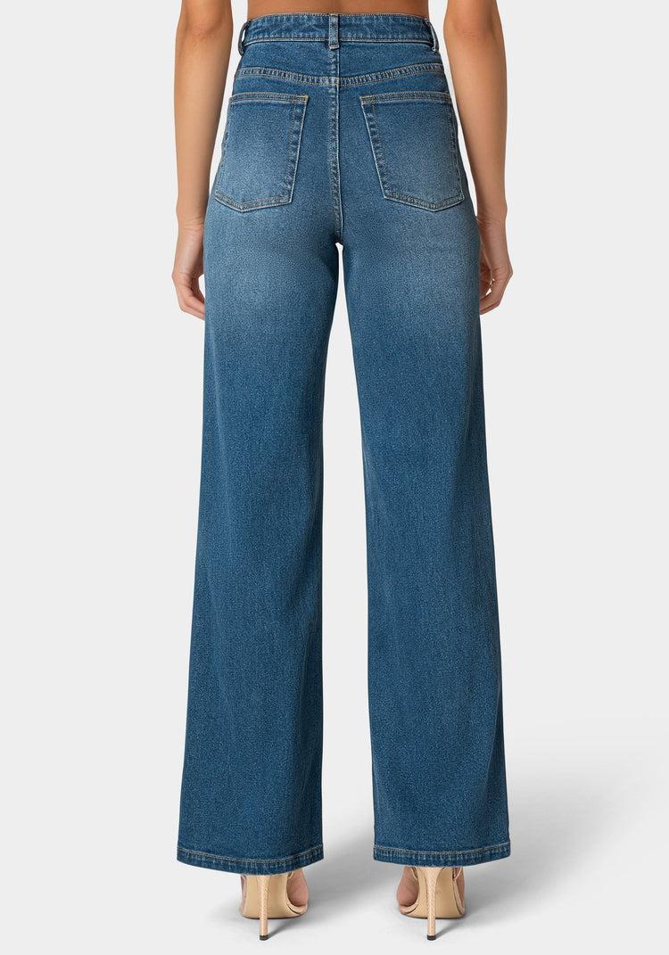 Bebe High Waist Clustered Rhinestone Wide Leg Jeans