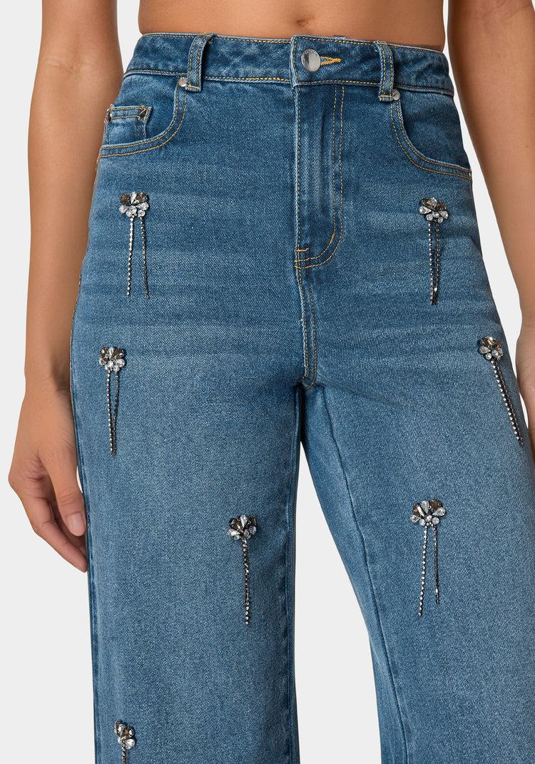 Bebe High Waist Clustered Rhinestone Wide Leg Jeans