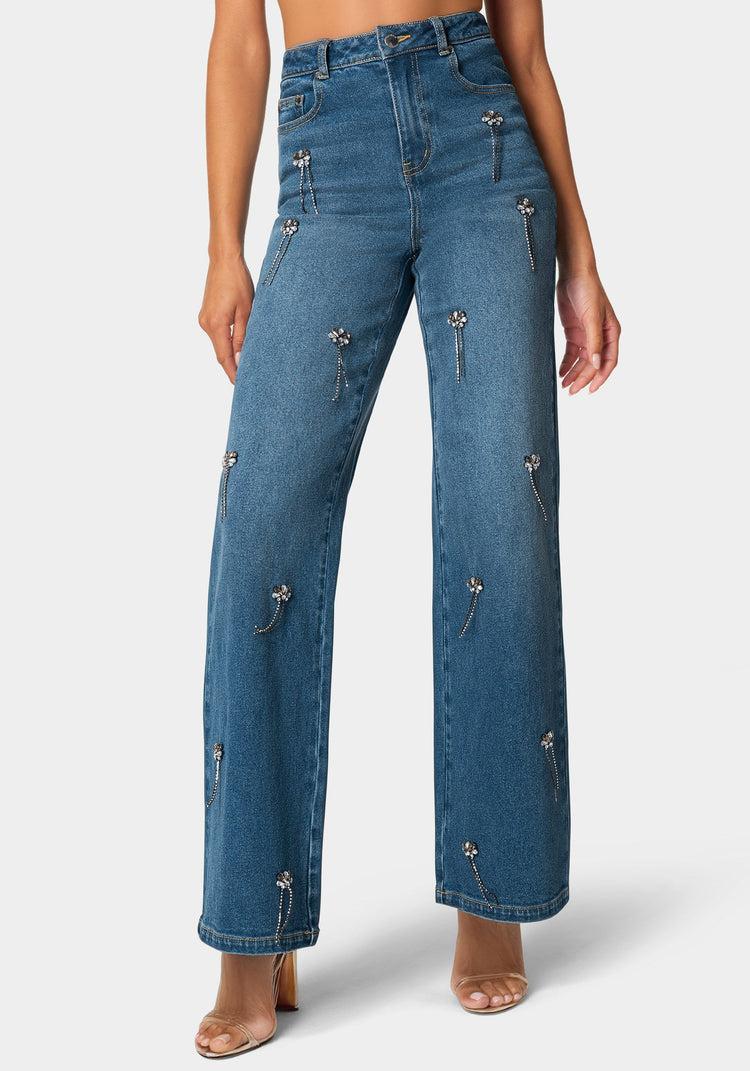 bebe High Waist Clustered Rhinestone Wide Leg Jeans