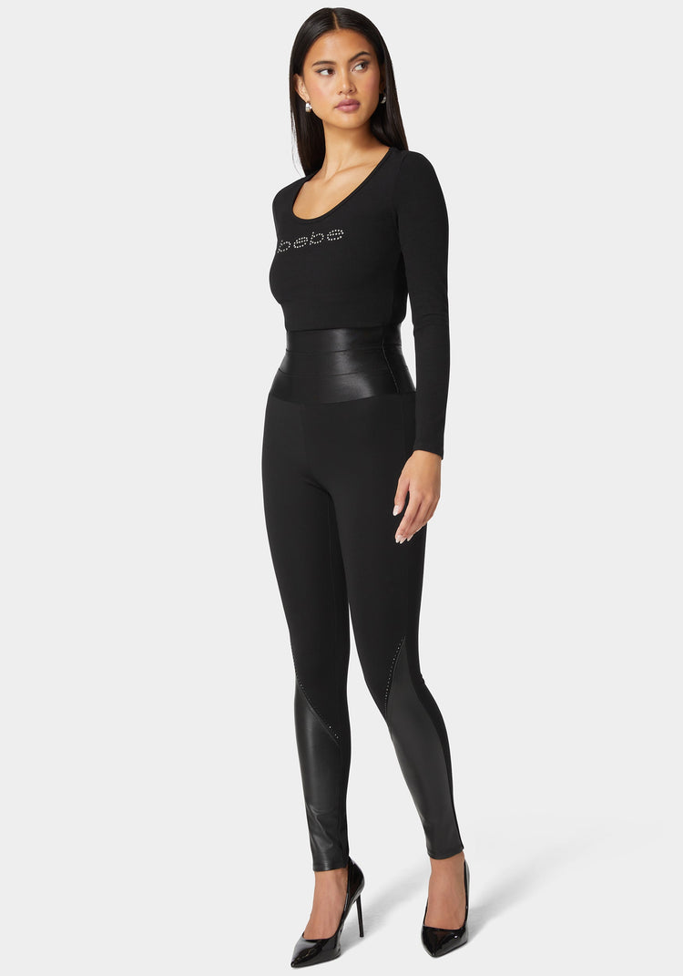 Bebe High Waist Stud Details Vegan Leather Insert Pdr Legging