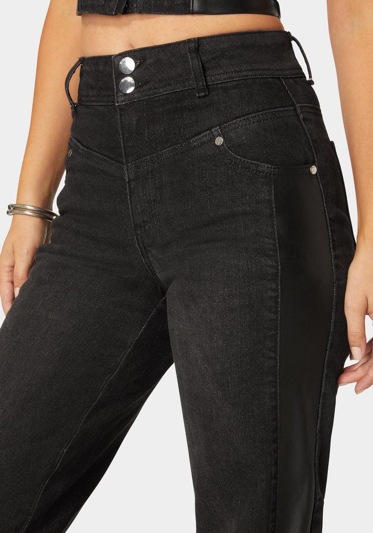 Bebe High Waist Vegan Leather Side Panel Wide Leg Jean