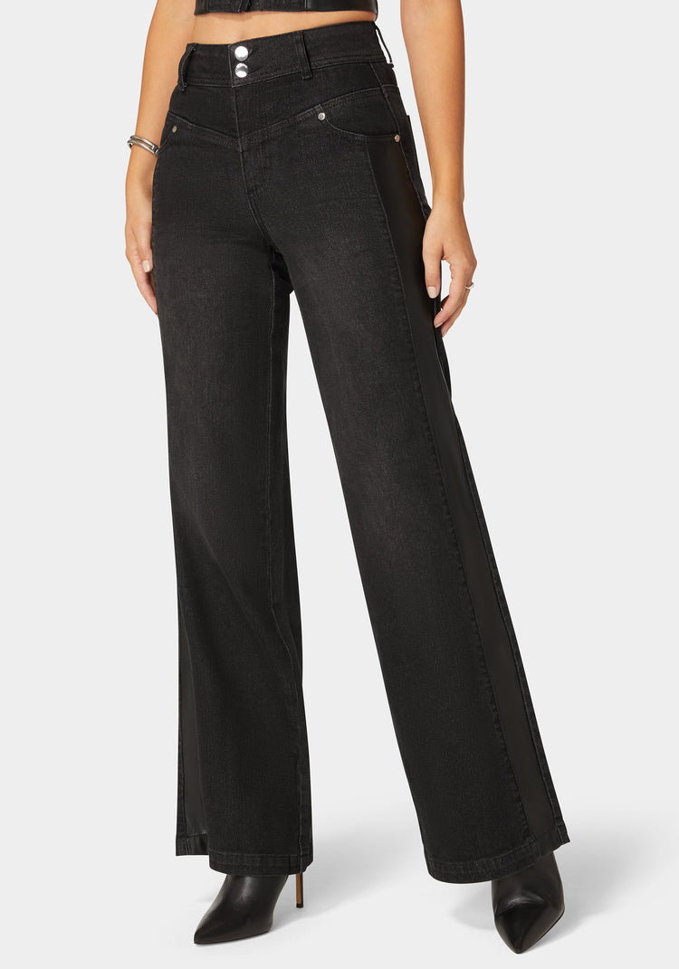 Bebe High Waist Vegan Leather Side Panel Wide Leg Jean