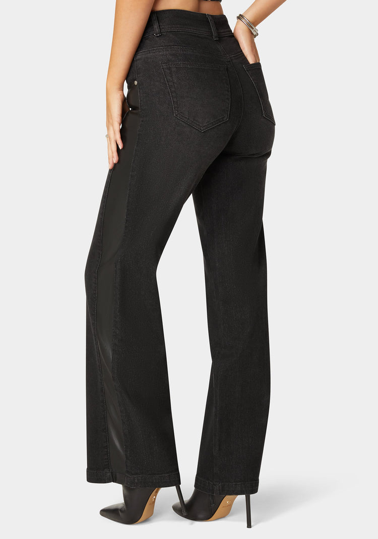 bebe High Waist Vegan Leather Side Panel Wide Leg Jean