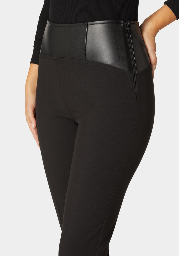 Bebe High Waist Vegan Leather Yoke Woven Twill Slim Leg Pant