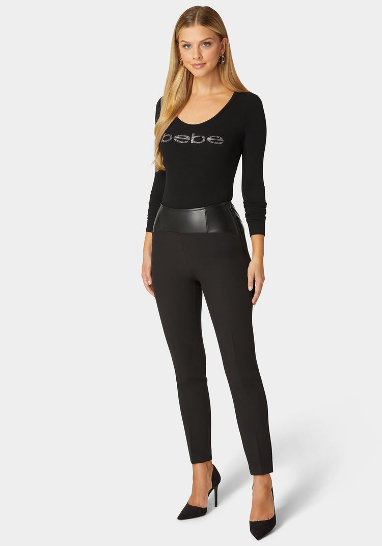 Bebe High Waist Vegan Leather Yoke Woven Twill Slim Leg Pant