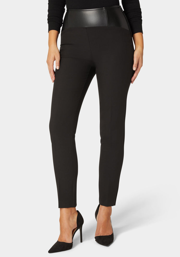 bebe High Waist Vegan Leather Yoke Woven Twill Slim Leg Pant