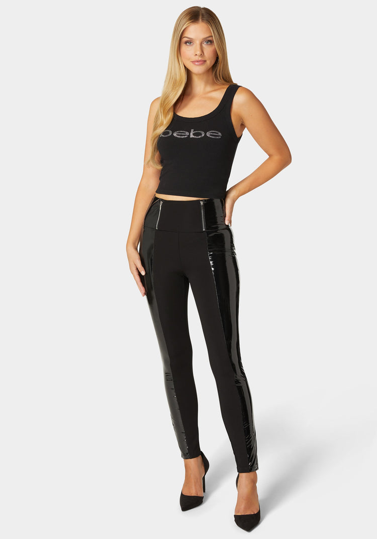 Bebe High Waist Zipper Detail Liquid Shine Combo Knit Legging
