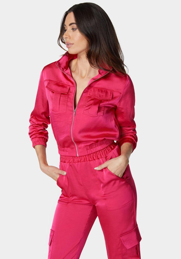Bebe Laundered Satin Front Patch Pocket Bomber Jacket