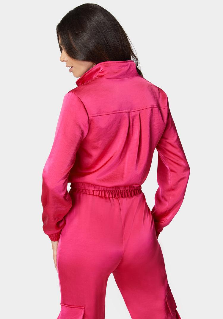 Bebe Laundered Satin Front Patch Pocket Bomber Jacket