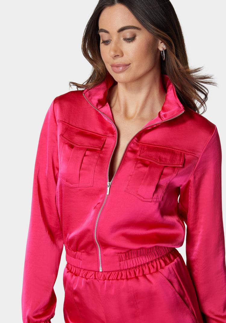 Bebe Laundered Satin Front Patch Pocket Bomber Jacket