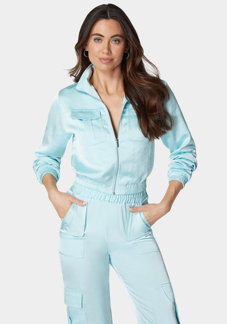 Bebe Laundered Satin Front Patch Pocket Bomber Jacket