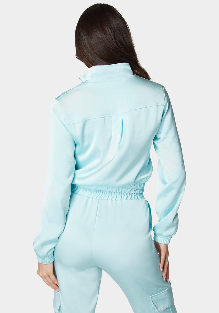 Bebe Laundered Satin Front Patch Pocket Bomber Jacket