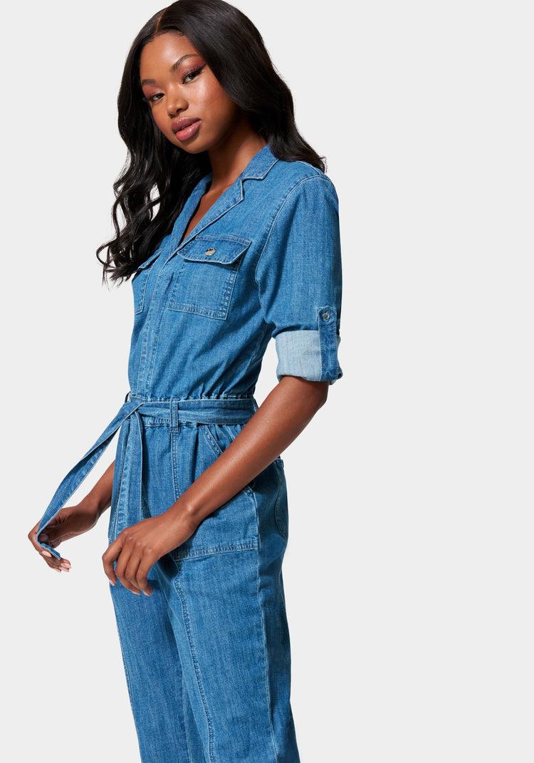 Bebe Lightweight Denim Cargo Style Straight Leg Jumpsuit