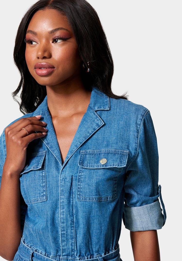 Bebe Lightweight Denim Cargo Style Straight Leg Jumpsuit