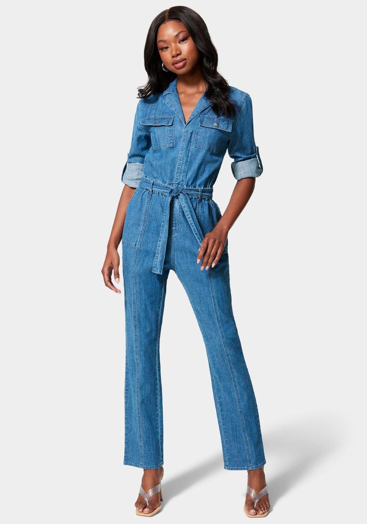 bebe Lightweight Denim Cargo Style Straight Leg Jumpsuit