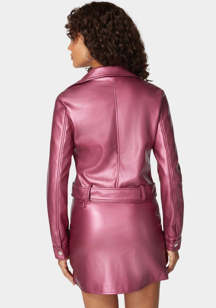 Bebe Metallic Vegan Leather Zipper Detail Moto Jacket
