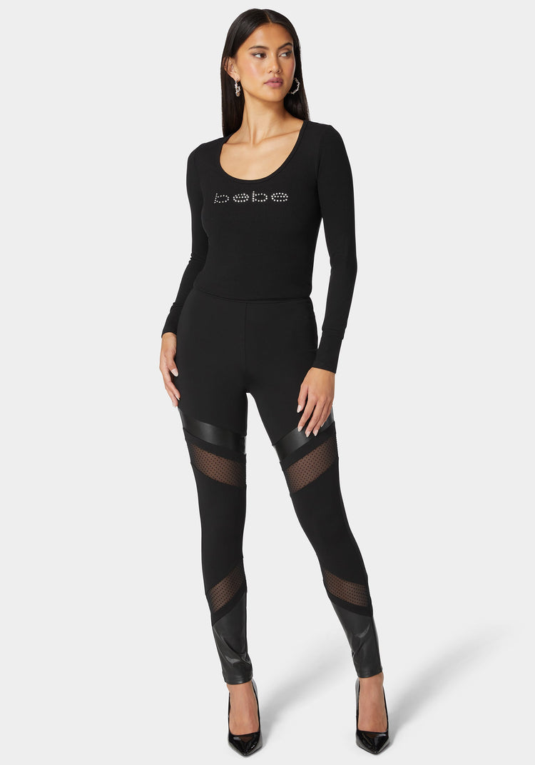 Bebe Natural Waist Swiss Dot & Vegan Leather Insert Pdr Legging