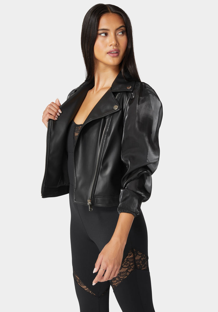 Bebe Ruched Organza Sleeve Vegan Leather Moto Jacket