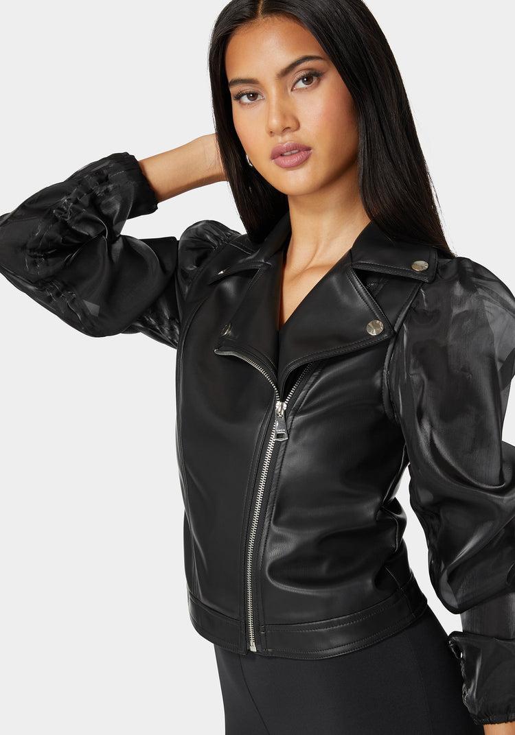 Bebe Ruched Organza Sleeve Vegan Leather Moto Jacket