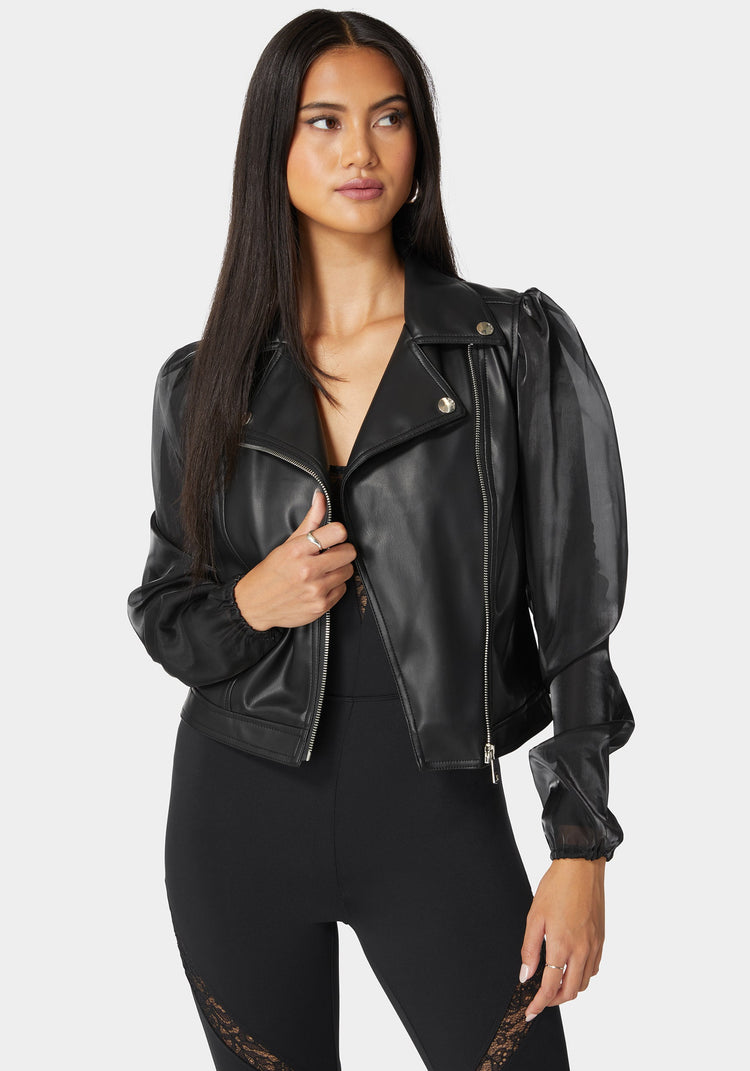 bebe Ruched Organza Sleeve Vegan Leather Moto Jacket