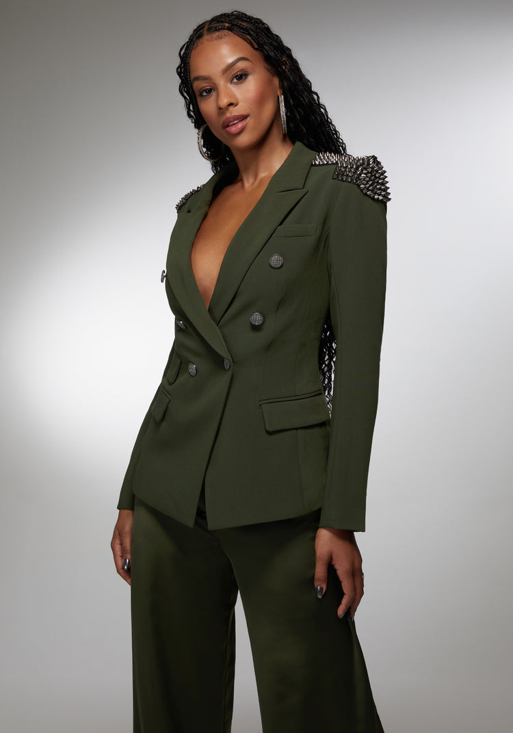 Bebe Studded Shoulder Double Breast Tailored Blazer