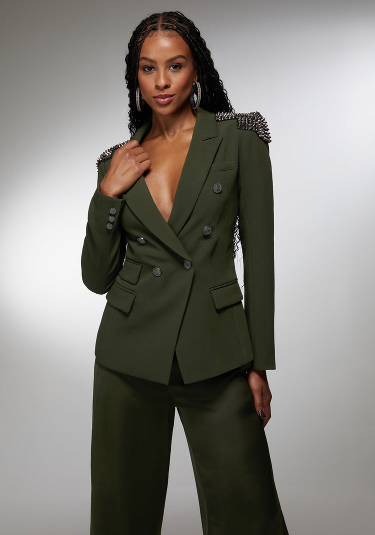 bebe Studded Shoulder Double Breast Tailored Blazer