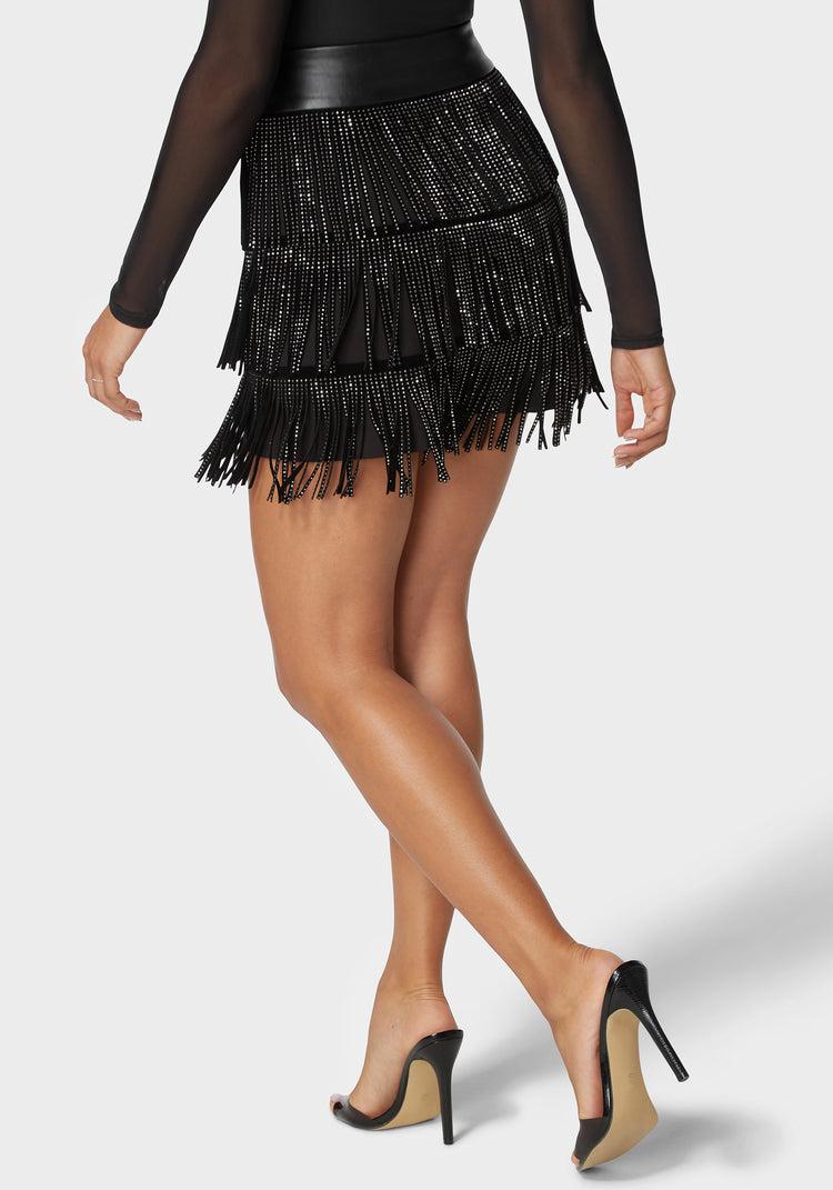 Bebe Suede Fringe Combo Vegan Leather Studded Skirt