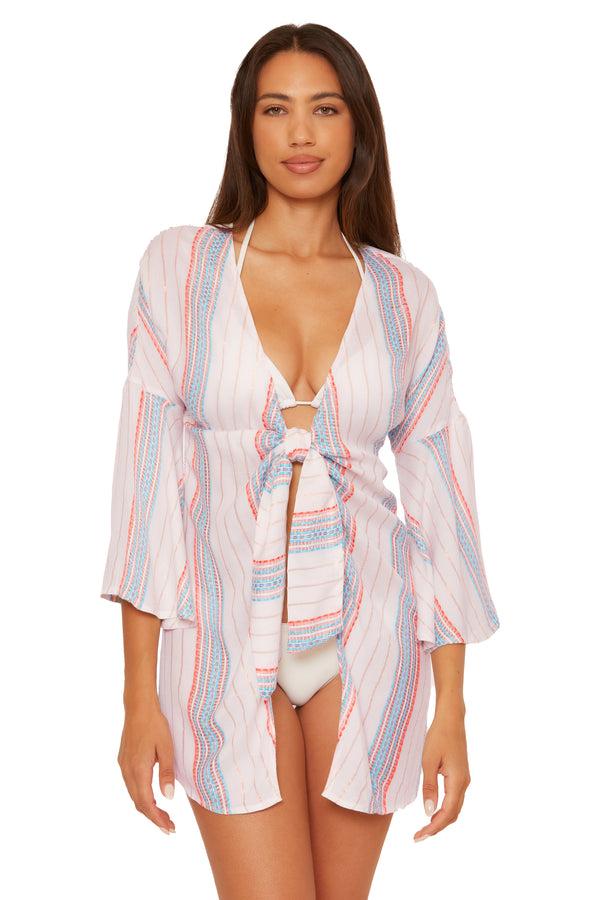 Becca By Rebecca Virtue RADIANCE V-NECK TUNIC WHT/CRL/OAS STRIPE