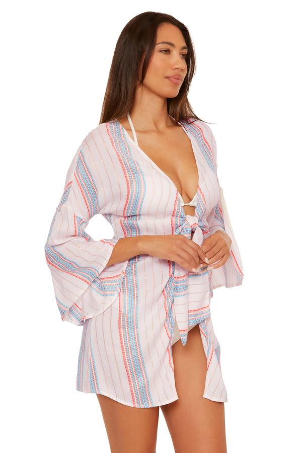 Becca By Rebecca Virtue RADIANCE V-NECK TUNIC WHT/CRL/OAS STRIPE