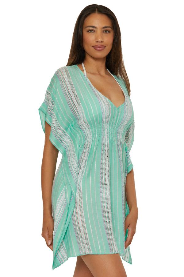 Becca By Rebecca Virtue RADIANCE WOVEN TUNIC AQUA SEA/BELLFLOWER MUL