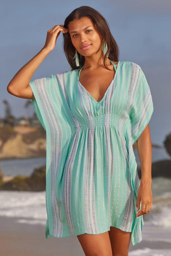 becca by rebecca virtue RADIANCE WOVEN TUNIC AQUA SEA/BELLFLOWER MUL