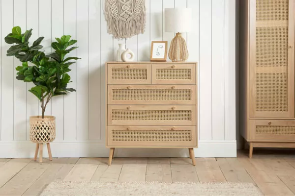 bedworld Birlea Croxley Rattan Oak 5 Drawer Chest