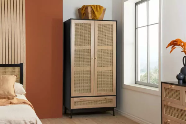 bedworld Birlea Croxley Rattan Black 2 Door 1 Drawer Wardrobe