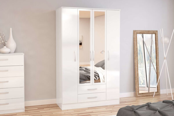 bedworld Birlea Lynx White 4 Door 2 Drawer Wardrobe