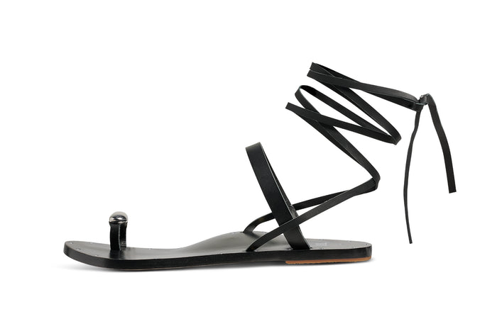 Beek Amethyst Leather Toe-Ring Ankle Wrap Sandal Black