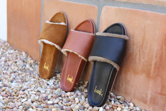 Beek Gallito Shearling Slide Sandal Cognac