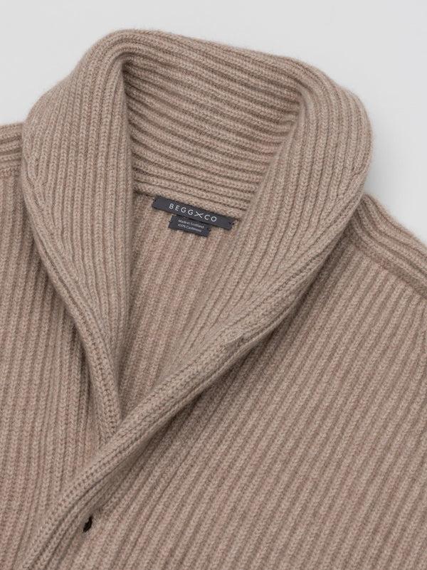 Begg & Co Mens Luxury Knitted Brown Undyed Shawl Collar Cardigan