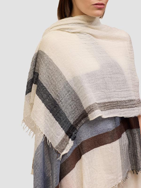 Begg & Co Women's Washed Staffa Neilson Cashmere Silk Scarf White Navy Brown - Begg X Co