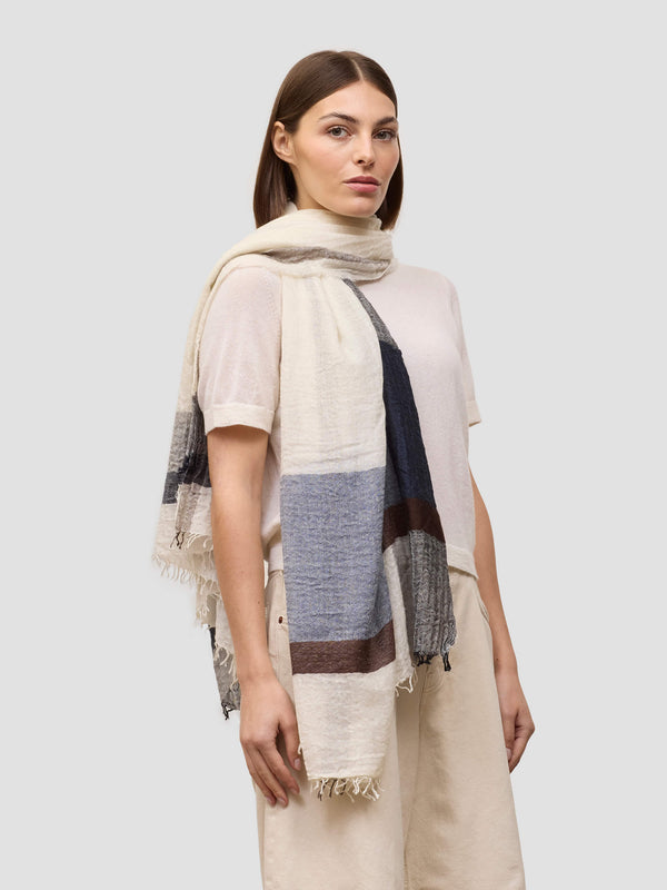 begg & co Women's Washed Staffa Neilson Cashmere Silk Scarf White Navy Brown - Begg x Co